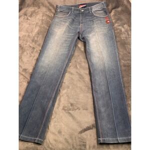 Evolution In Design Mens Jeans 38x34 Medium Wash Red Stitch Crest Patches Denim